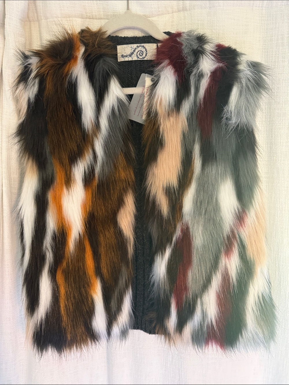 Anthropologie Multicolor Faux Fur Vest in Brown, White, Orange, Green & Burgundy